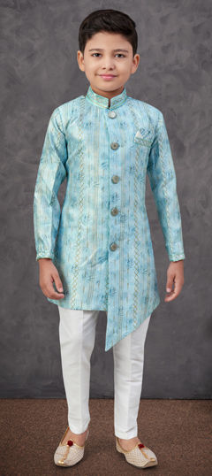 Blue color Boys Indo-Western in Silk fabric with Digital Print, Embroidered, Sequence, Thread work