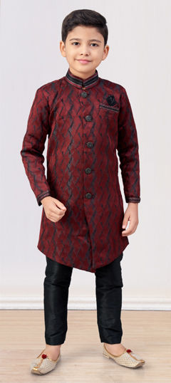 Red and Maroon color Boys Indo-Western in Jacquard fabric with Digital Print, Embroidered, Sequence, Thread work