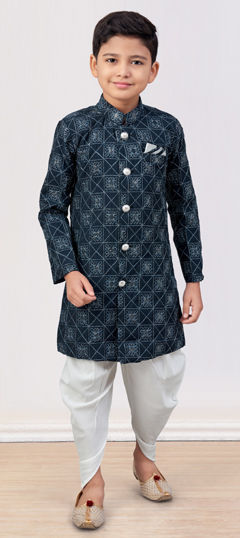 Blue color Boys Dhoti Sherwani in Silk fabric with Embroidered, Thread work