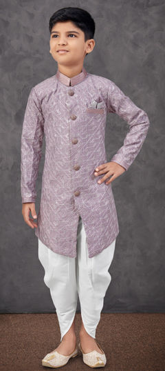 Purple and Violet color Boys Dhoti Sherwani in Silk fabric with Embroidered, Thread work