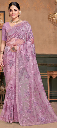 Purple and Violet color Saree in Organza Silk fabric with Embroidered, Moti, Resham, Zircon work