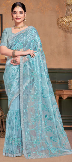 Blue color Saree in Organza Silk fabric with Embroidered, Moti, Resham, Zircon work