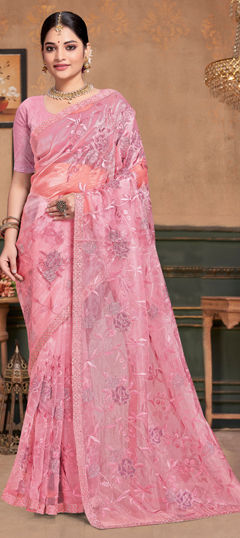 Pink and Majenta color Saree in Organza Silk fabric with Embroidered, Moti, Resham, Zircon work