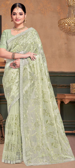 Green color Saree in Organza Silk fabric with Embroidered, Moti, Resham, Zircon work