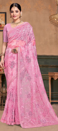 Pink and Majenta color Saree in Organza Silk fabric with Embroidered, Moti, Resham, Zircon work