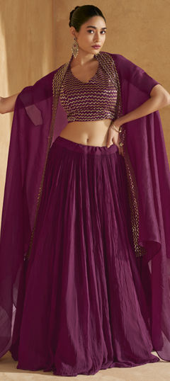 Red and Maroon color Ready to Wear Lehenga in Silk fabric with Embroidered, Thread work