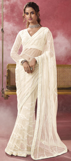 White and Off White color Saree in Net fabric with Bugle Beads, Cut Dana, Sequence work