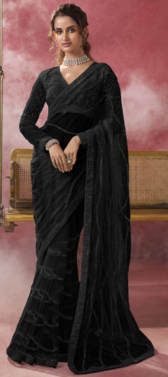 Black and Grey color Saree in Net fabric with Bugle Beads, Cut Dana, Sequence work