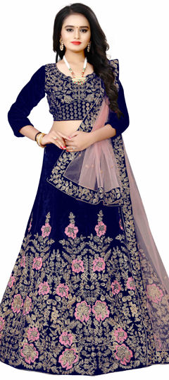 Blue color Lehenga in Velvet fabric with Embroidered, Sequence, Thread work