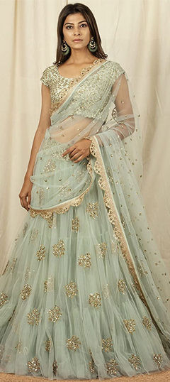 Green color Lehenga in Net fabric with Embroidered, Sequence, Thread work