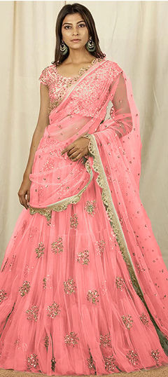 Pink and Majenta color Lehenga in Net fabric with Embroidered, Thread work