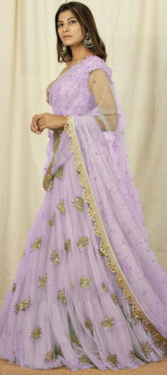 Purple and Violet color Lehenga in Net fabric with Embroidered, Thread work