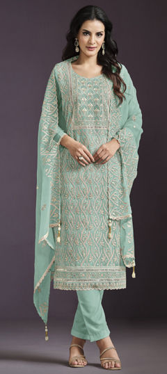 Blue color Salwar Kameez in Art Silk fabric with Embroidered, Sequence, Thread work