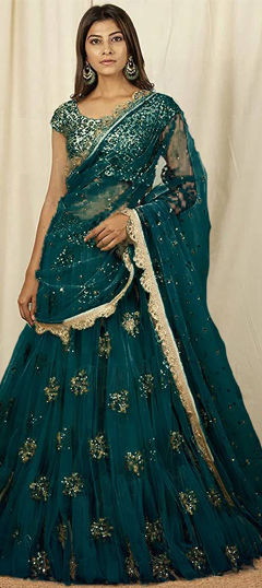 Blue color Lehenga in Net fabric with Embroidered, Thread work