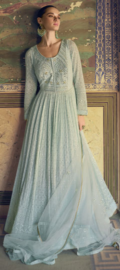 Blue color Gown in Georgette fabric with Embroidered, Thread work