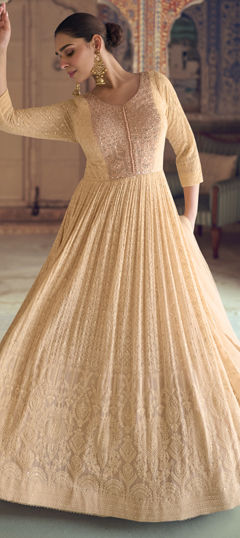 Beige and Brown color Gown in Georgette fabric with Embroidered, Thread work