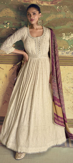 White and Off White color Gown in Georgette fabric with Embroidered, Thread work
