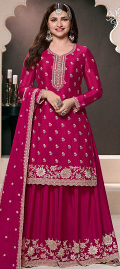 Pink and Majenta color Salwar Kameez in Silk fabric with Embroidered, Thread work