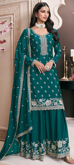 Blue color Salwar Kameez in Silk fabric with Embroidered, Thread work