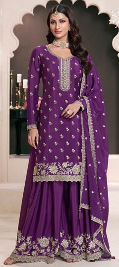 Purple and Violet color Salwar Kameez in Silk fabric with Embroidered, Thread work