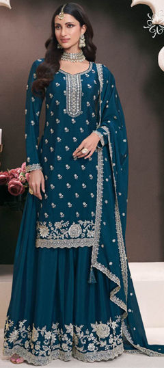 Blue color Salwar Kameez in Silk fabric with Embroidered, Thread work