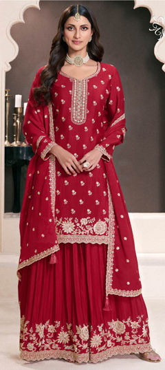 Red and Maroon color Salwar Kameez in Silk fabric with Embroidered, Thread work