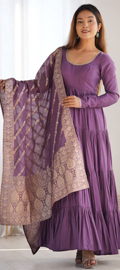 Purple and Violet color Salwar Kameez in Chanderi Silk fabric with Lace work