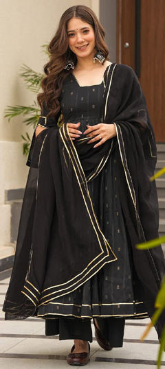 Black and Grey color Salwar Kameez in Muslin fabric with Gota Patti work