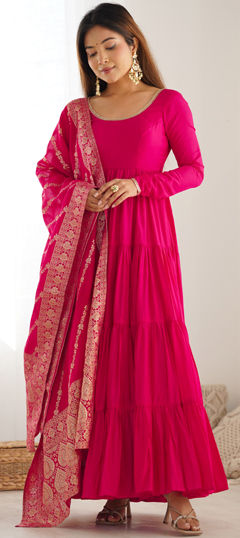 Pink and Majenta color Salwar Kameez in Chanderi Silk fabric with Lace work