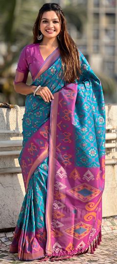 Blue color Saree in Patola Silk fabric with Weaving, Zari work