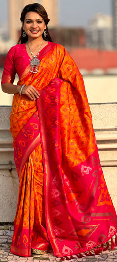 Orange color Saree in Patola Silk fabric with Weaving, Zari work