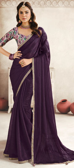 Purple and Violet color Saree in Silk fabric with Lace work