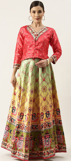 Multicolor color Long Lehenga Choli in Satin Silk fabric with Bandhej, Digital Print, Printed work