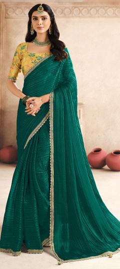 Green color Saree in Silk fabric with Lace work