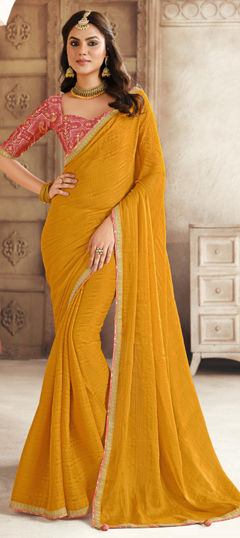 Yellow color Saree in Silk fabric with Lace work