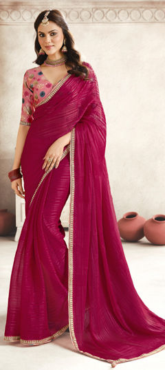 Red and Maroon color Saree in Silk fabric with Lace work