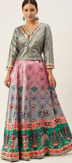 Multicolor color Long Lehenga Choli in Satin Silk fabric with Bandhej, Digital Print, Printed work