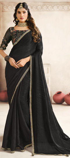 Black and Grey color Saree in Silk fabric with Lace work