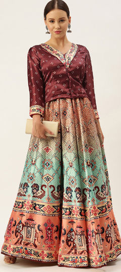 Multicolor color Long Lehenga Choli in Satin Silk fabric with Bandhej, Digital Print, Printed work