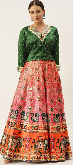 Multicolor color Long Lehenga Choli in Satin Silk fabric with Bandhej, Digital Print, Printed work