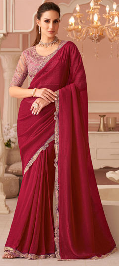 Red and Maroon color Saree in Georgette fabric with Lace work