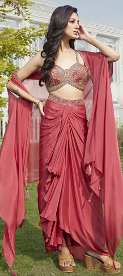 Red and Maroon color Ready to Wear Lehenga in Georgette fabric with Bugle Beads, Thread, Zardozi work