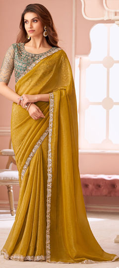 Yellow color Saree in Georgette fabric with Lace work