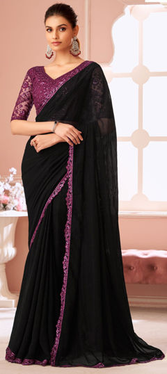 Black and Grey color Saree in Georgette fabric with Lace work