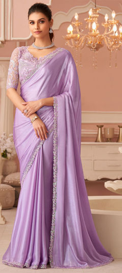 Purple and Violet color Saree in Chiffon fabric with Lace work