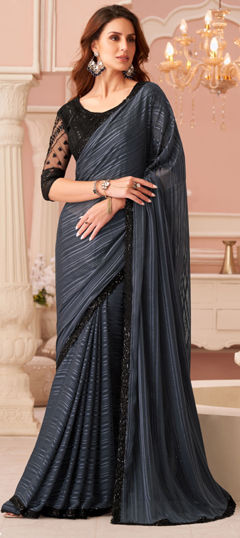 Black and Grey color Saree in Georgette fabric with Lace work