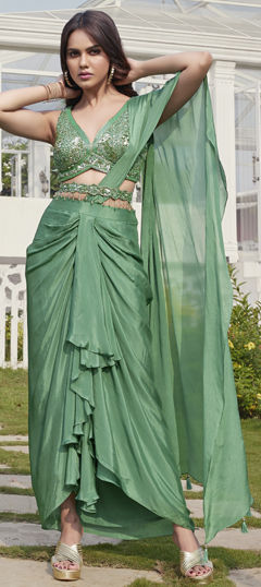 Green color Ready to Wear Lehenga in Georgette fabric with Sequence work