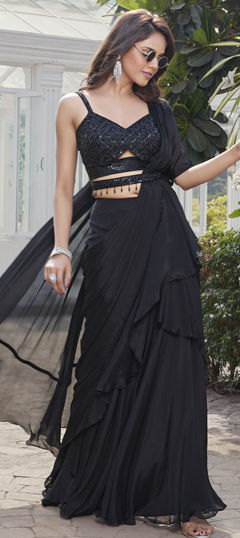 Black and Grey color Readymade Saree in Georgette fabric with Sequence work