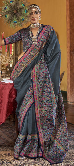 Black and Grey color Saree in Silk fabric with Weaving, Zari work