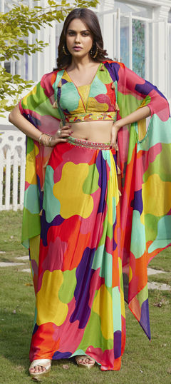 Multicolor color Ready to Wear Lehenga in Georgette fabric with Bugle Beads, Sequence work